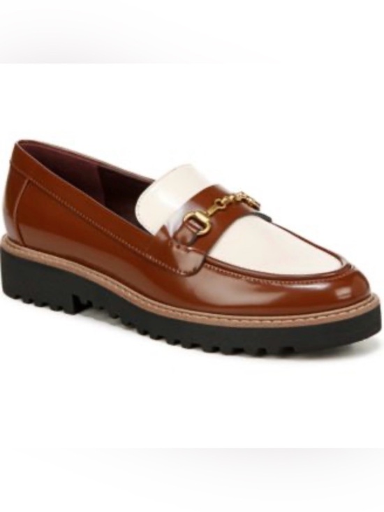 Franco Sarto Shoes - Franco Sarto Brown and Cream Leather Two-Tone Loafer with Gold Chain